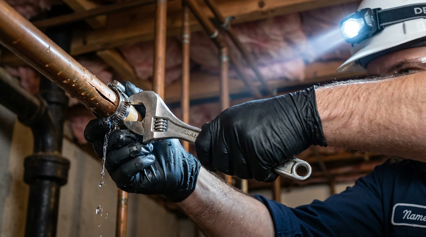 Emergency pipe clamp repair being performed by a Johns Plumbing LLC plumber in Tipton