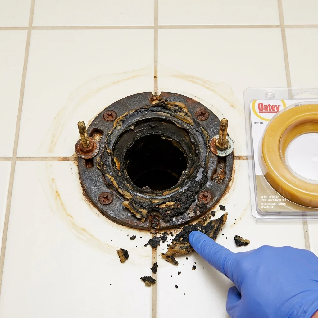 Failed wax ring showing water seepage at the base of a toilet in a Tipton, MO home