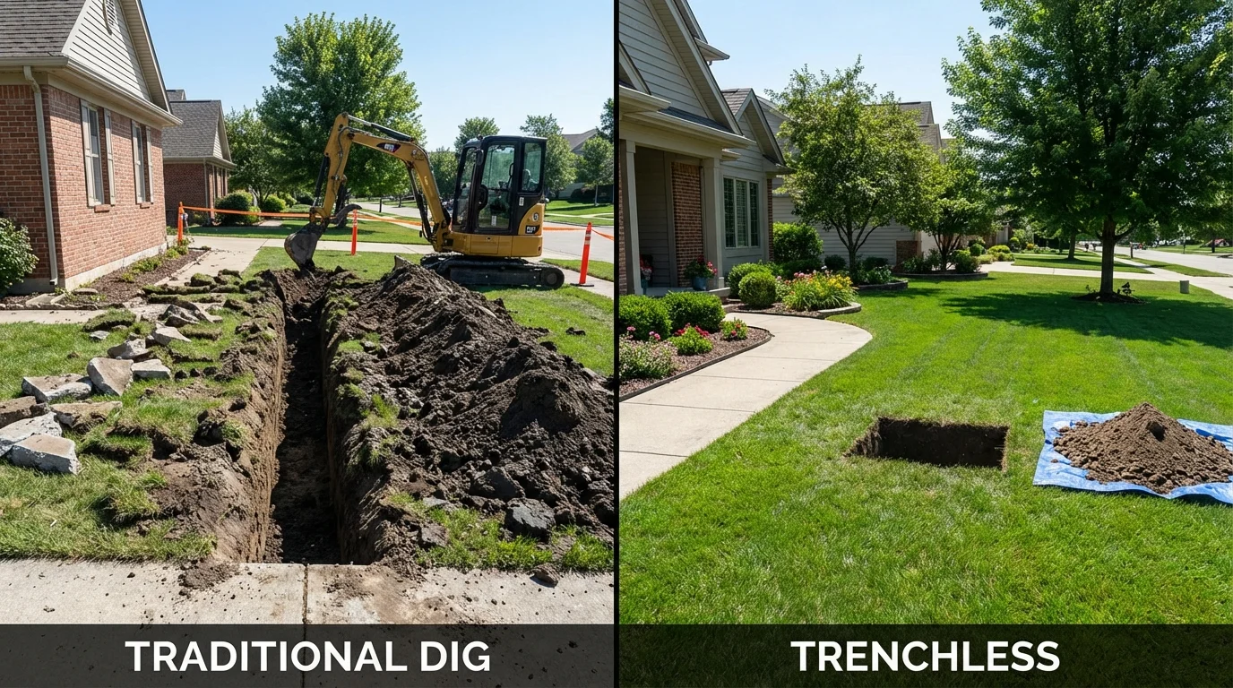 Trenchless sewer repair with minimal yard damage versus traditional excavation in Tipton, MO
