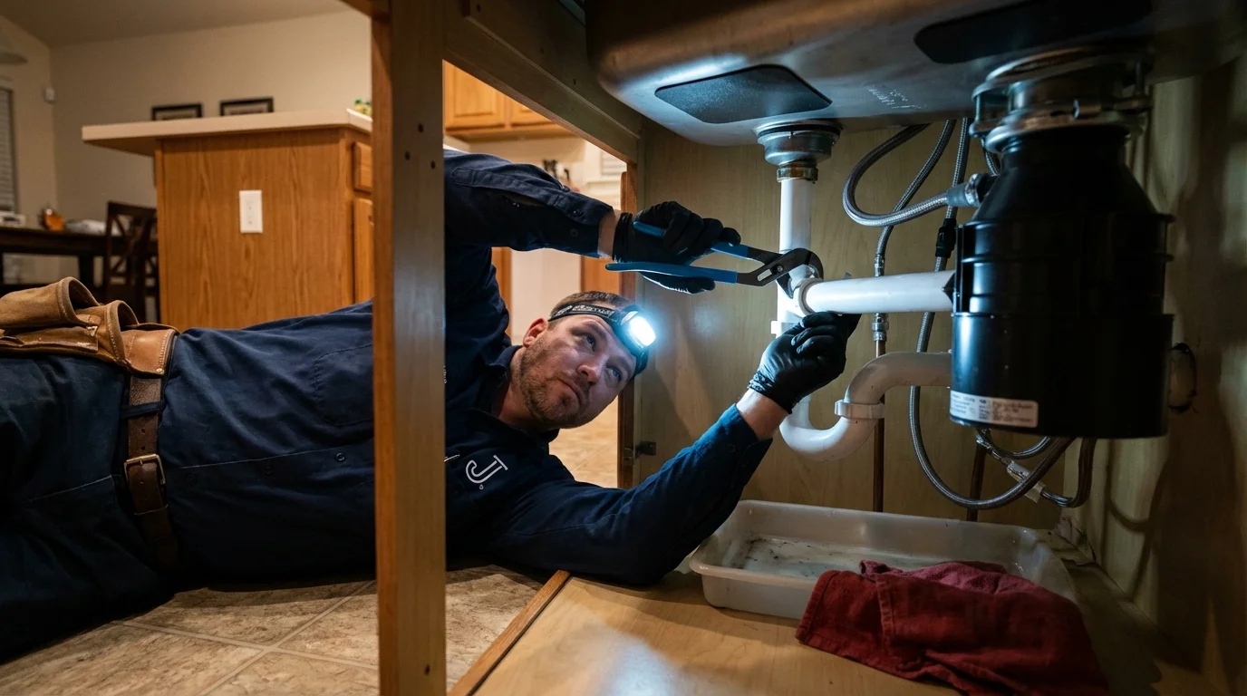 P-trap and supply line connections under a kitchen sink showing a common leak point in Tipton, MO